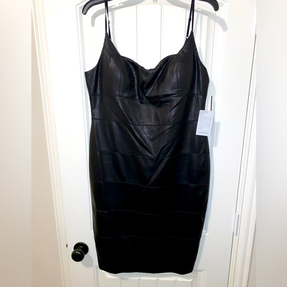 Bebe Faux leather strap sheath dress
